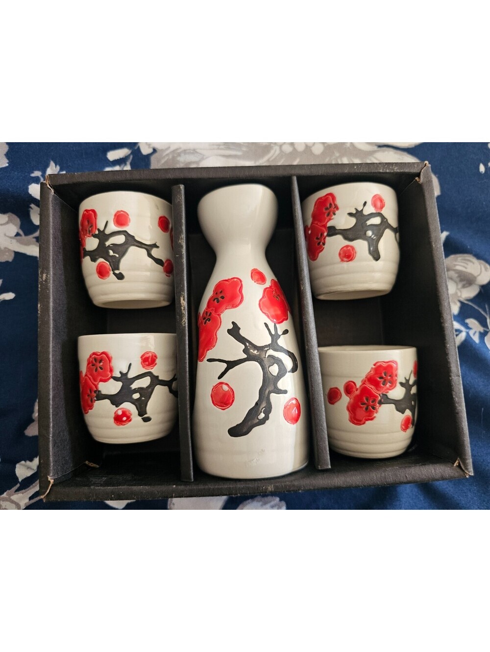 Japan Red Cherry Blossom Cream Ceramic Sake Set 1 Bottle & 4 Cups Asian Oriental